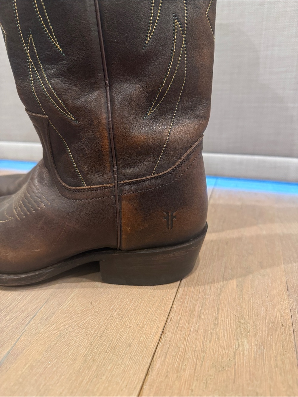 Frye Brown Leather Western Heeled Boots with Stitch Detail - Picture 4 of 10